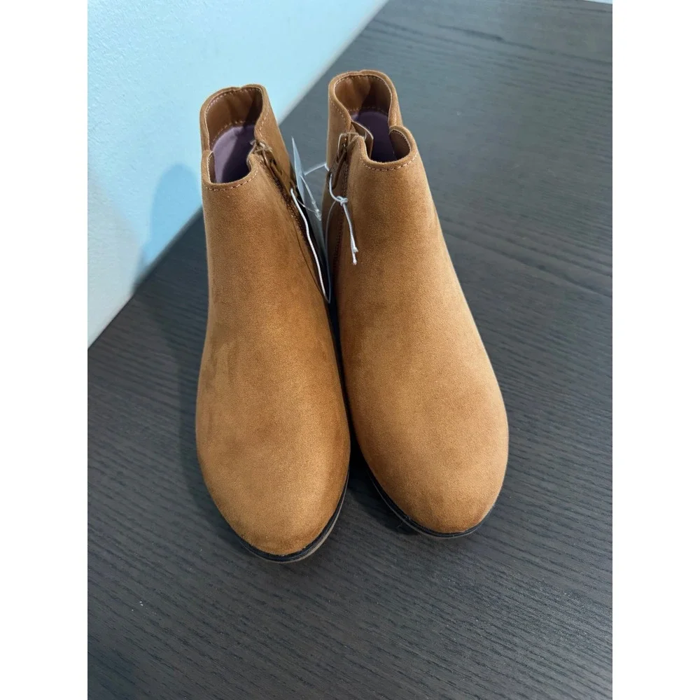 Cat & Jack Opal Ankle Boots Kids Size 2 Cognac Faux Suede Side Zip